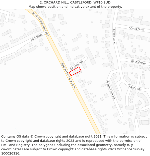 2, ORCHARD HILL, CASTLEFORD, WF10 3UD: Location map and indicative extent of plot