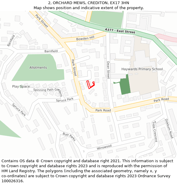 2, ORCHARD MEWS, CREDITON, EX17 3HN: Location map and indicative extent of plot