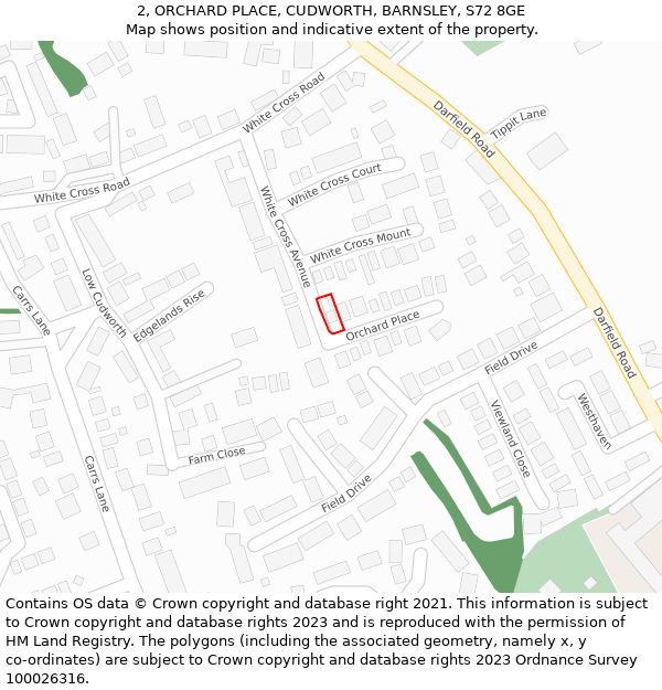 2, ORCHARD PLACE, CUDWORTH, BARNSLEY, S72 8GE: Location map and indicative extent of plot