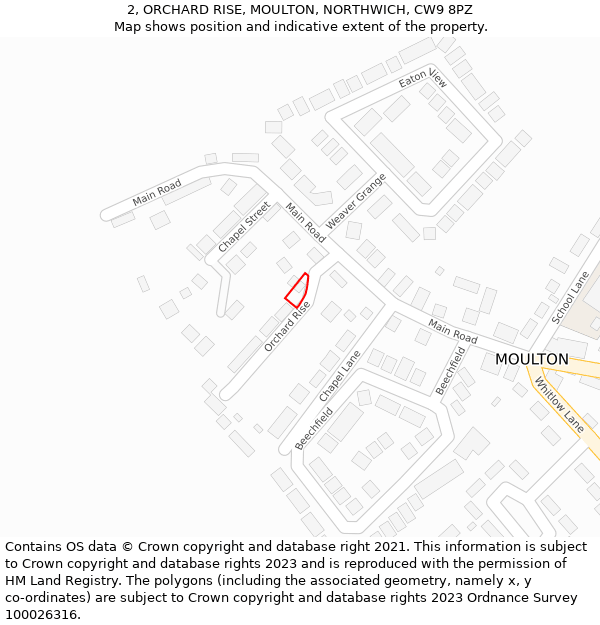 2, ORCHARD RISE, MOULTON, NORTHWICH, CW9 8PZ: Location map and indicative extent of plot