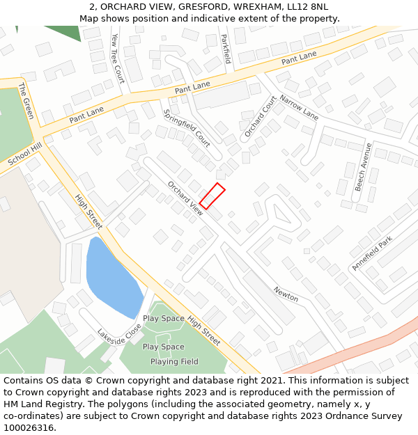 2, ORCHARD VIEW, GRESFORD, WREXHAM, LL12 8NL: Location map and indicative extent of plot