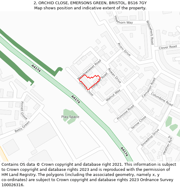 2, ORCHID CLOSE, EMERSONS GREEN, BRISTOL, BS16 7GY: Location map and indicative extent of plot