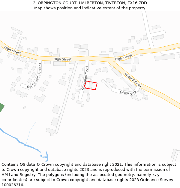 2, ORPINGTON COURT, HALBERTON, TIVERTON, EX16 7DD: Location map and indicative extent of plot