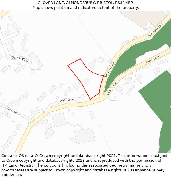 2, OVER LANE, ALMONDSBURY, BRISTOL, BS32 4BP: Location map and indicative extent of plot