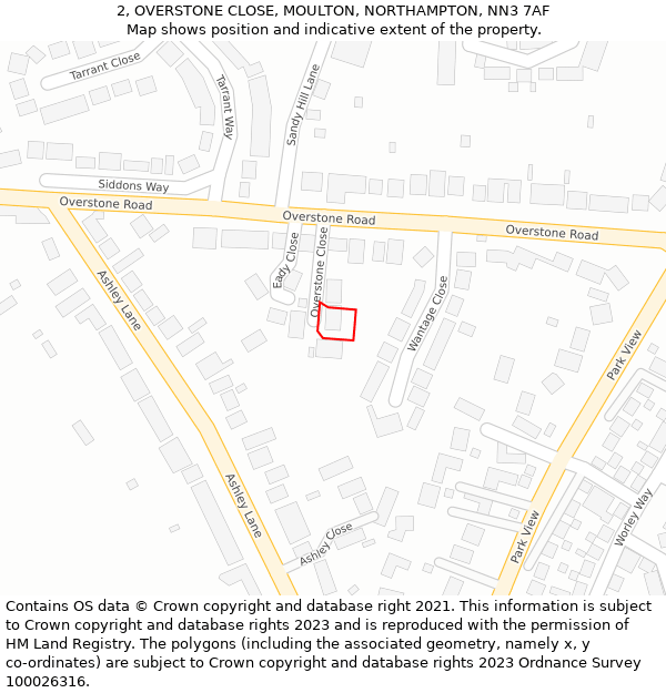 2, OVERSTONE CLOSE, MOULTON, NORTHAMPTON, NN3 7AF: Location map and indicative extent of plot