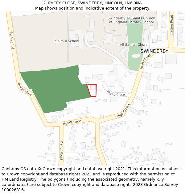 2, PACEY CLOSE, SWINDERBY, LINCOLN, LN6 9NA: Location map and indicative extent of plot
