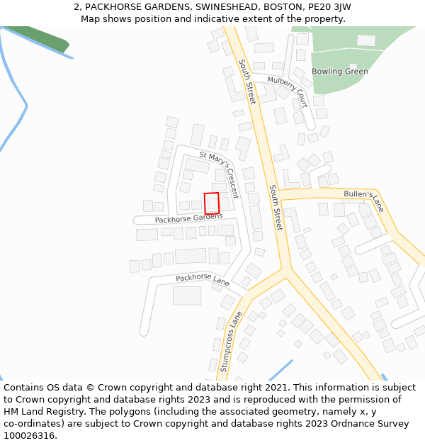 2, PACKHORSE GARDENS, SWINESHEAD, BOSTON, PE20 3JW: Location map and indicative extent of plot