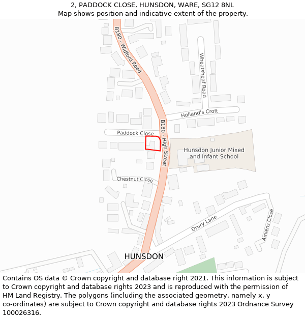 2, PADDOCK CLOSE, HUNSDON, WARE, SG12 8NL: Location map and indicative extent of plot