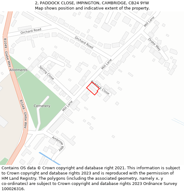 2, PADDOCK CLOSE, IMPINGTON, CAMBRIDGE, CB24 9YW: Location map and indicative extent of plot