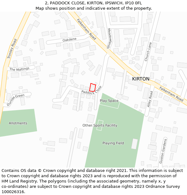 2, PADDOCK CLOSE, KIRTON, IPSWICH, IP10 0FL: Location map and indicative extent of plot