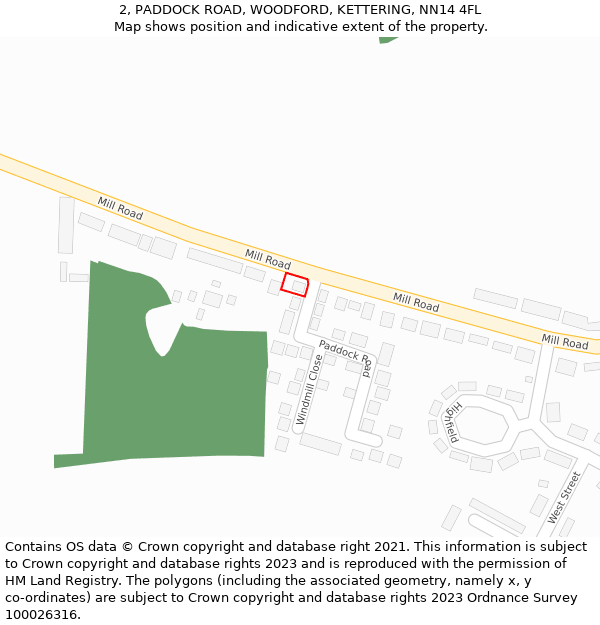 2, PADDOCK ROAD, WOODFORD, KETTERING, NN14 4FL: Location map and indicative extent of plot