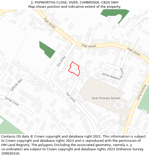 2, PAPWORTHS CLOSE, OVER, CAMBRIDGE, CB24 5WH: Location map and indicative extent of plot