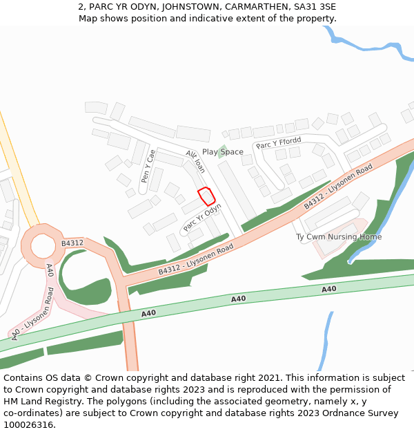 2, PARC YR ODYN, JOHNSTOWN, CARMARTHEN, SA31 3SE: Location map and indicative extent of plot