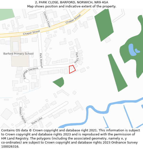 2, PARK CLOSE, BARFORD, NORWICH, NR9 4GA: Location map and indicative extent of plot