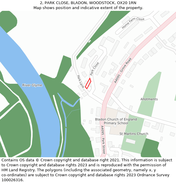 2, PARK CLOSE, BLADON, WOODSTOCK, OX20 1RN: Location map and indicative extent of plot