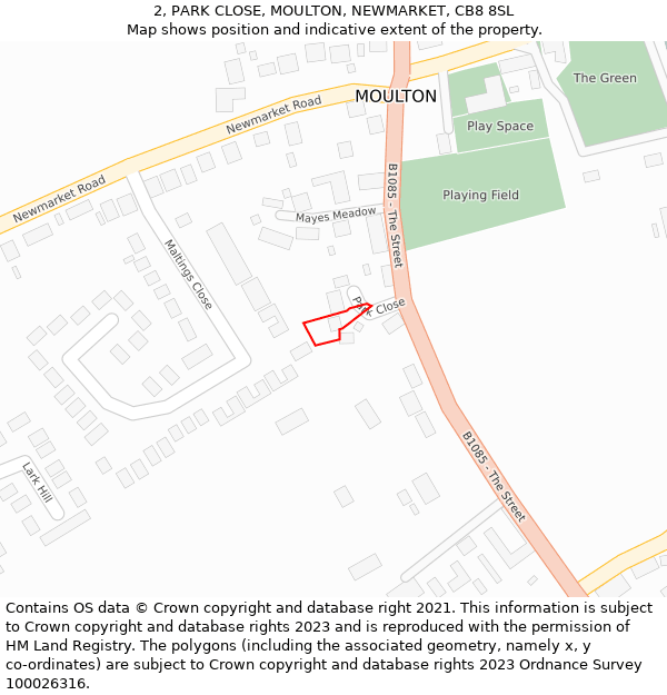 2, PARK CLOSE, MOULTON, NEWMARKET, CB8 8SL: Location map and indicative extent of plot