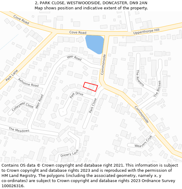 2, PARK CLOSE, WESTWOODSIDE, DONCASTER, DN9 2AN: Location map and indicative extent of plot