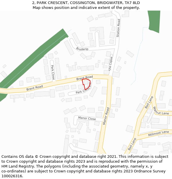 2, PARK CRESCENT, COSSINGTON, BRIDGWATER, TA7 8LD: Location map and indicative extent of plot