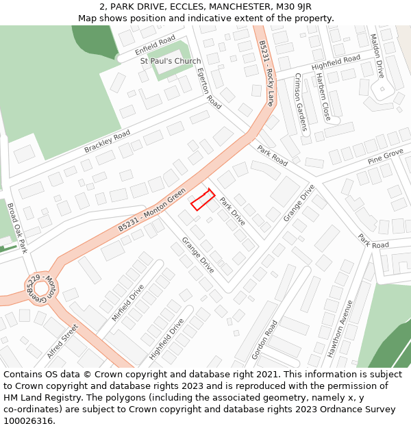 2, PARK DRIVE, ECCLES, MANCHESTER, M30 9JR: Location map and indicative extent of plot