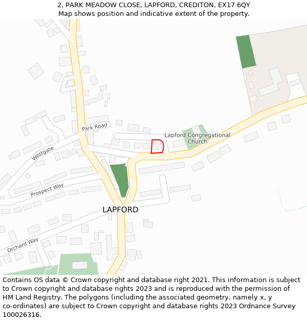 2, PARK MEADOW CLOSE, LAPFORD, CREDITON, EX17 6QY: Location map and indicative extent of plot