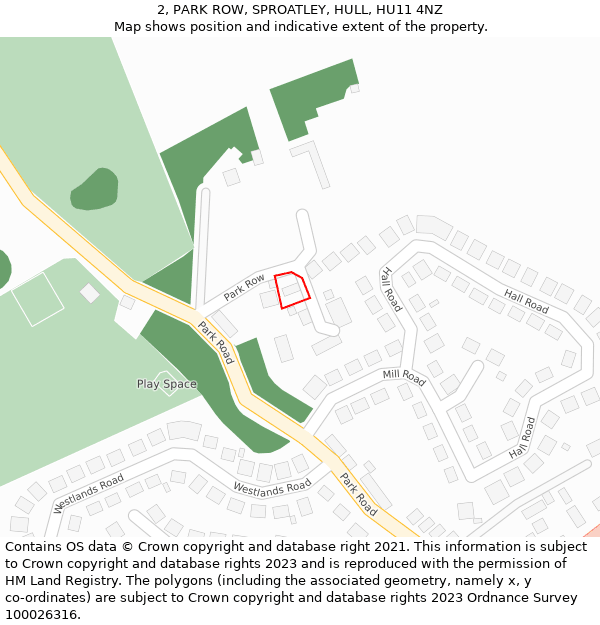 2, PARK ROW, SPROATLEY, HULL, HU11 4NZ: Location map and indicative extent of plot