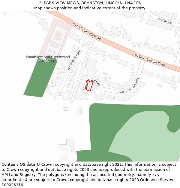 2, PARK VIEW MEWS, BRANSTON, LINCOLN, LN4 1PN: Location map and indicative extent of plot