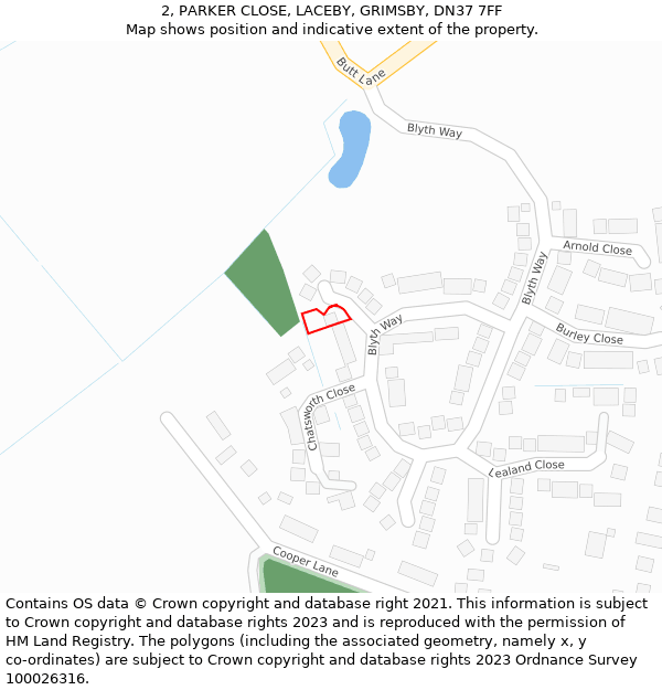 2, PARKER CLOSE, LACEBY, GRIMSBY, DN37 7FF: Location map and indicative extent of plot