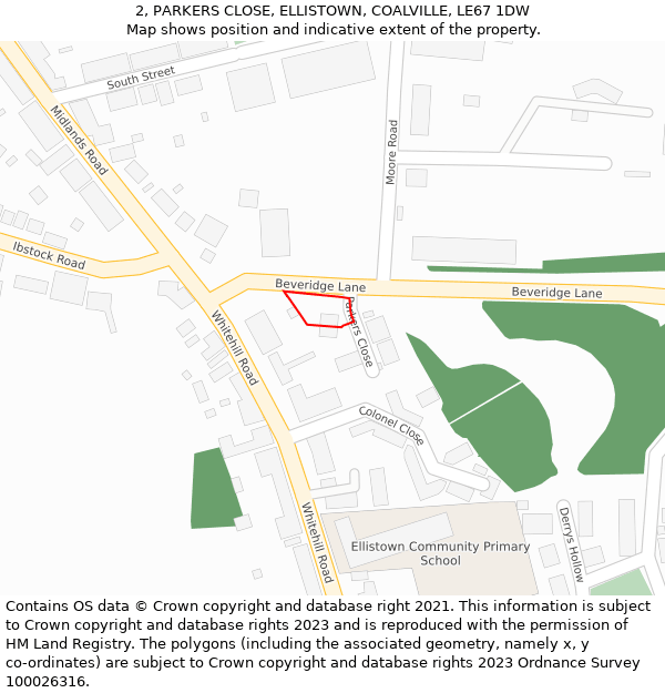 2, PARKERS CLOSE, ELLISTOWN, COALVILLE, LE67 1DW: Location map and indicative extent of plot