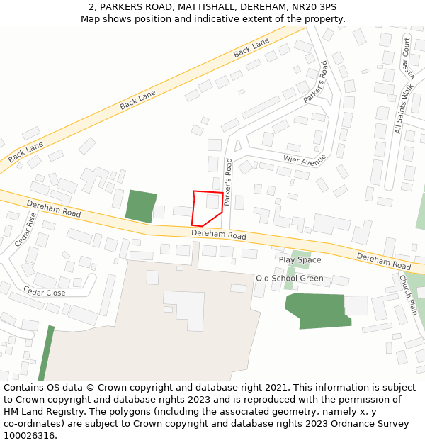 2, PARKERS ROAD, MATTISHALL, DEREHAM, NR20 3PS: Location map and indicative extent of plot