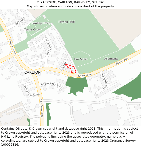 2, PARKSIDE, CARLTON, BARNSLEY, S71 3PG: Location map and indicative extent of plot