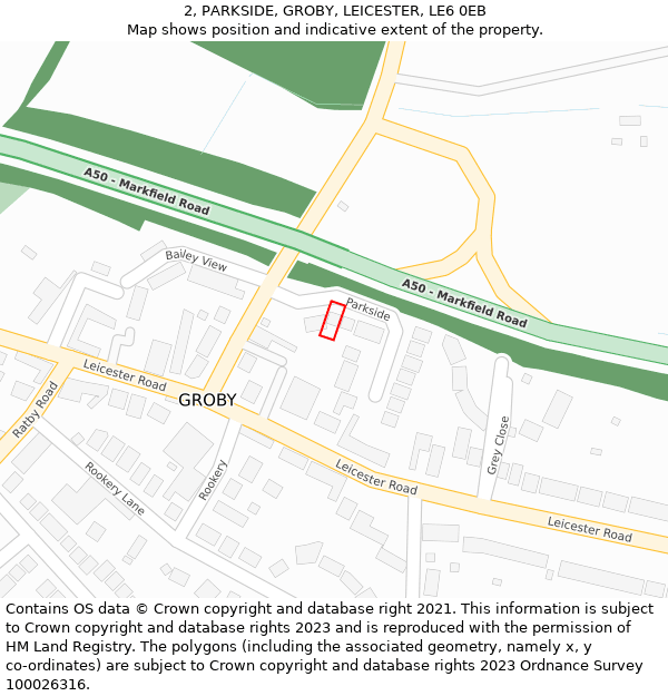 2, PARKSIDE, GROBY, LEICESTER, LE6 0EB: Location map and indicative extent of plot