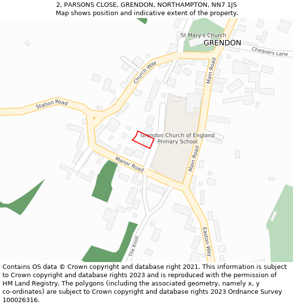 2, PARSONS CLOSE, GRENDON, NORTHAMPTON, NN7 1JS: Location map and indicative extent of plot