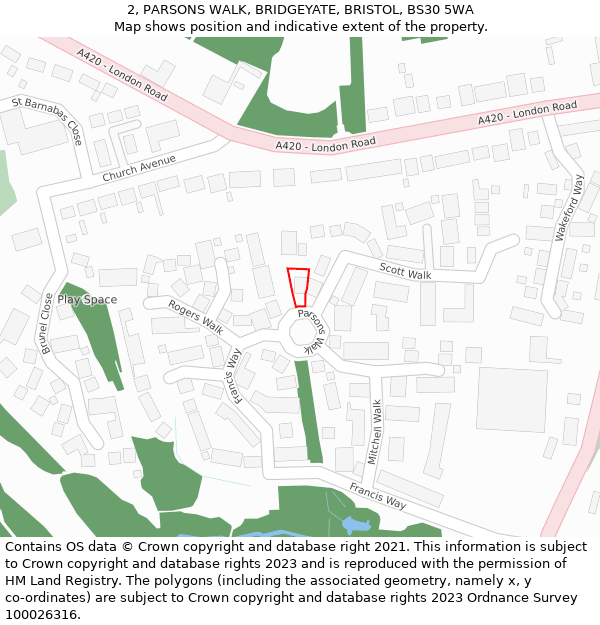 2, PARSONS WALK, BRIDGEYATE, BRISTOL, BS30 5WA: Location map and indicative extent of plot