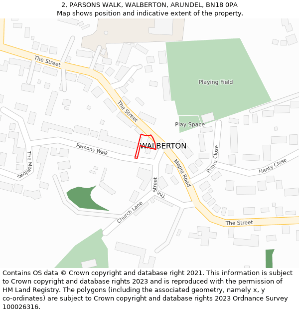 2, PARSONS WALK, WALBERTON, ARUNDEL, BN18 0PA: Location map and indicative extent of plot