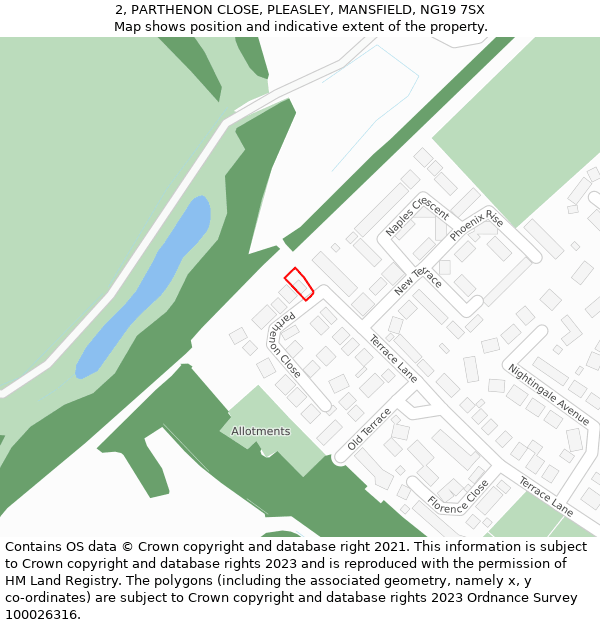 2, PARTHENON CLOSE, PLEASLEY, MANSFIELD, NG19 7SX: Location map and indicative extent of plot