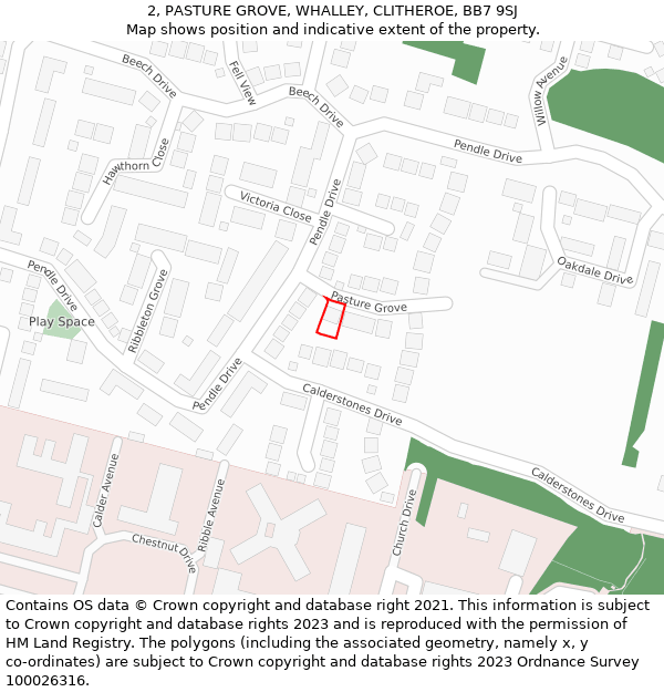 2, PASTURE GROVE, WHALLEY, CLITHEROE, BB7 9SJ: Location map and indicative extent of plot