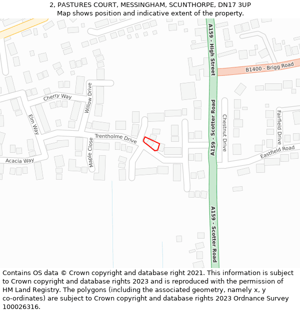 2, PASTURES COURT, MESSINGHAM, SCUNTHORPE, DN17 3UP: Location map and indicative extent of plot