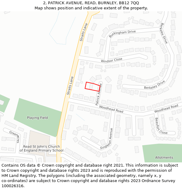 2, PATRICK AVENUE, READ, BURNLEY, BB12 7QQ: Location map and indicative extent of plot