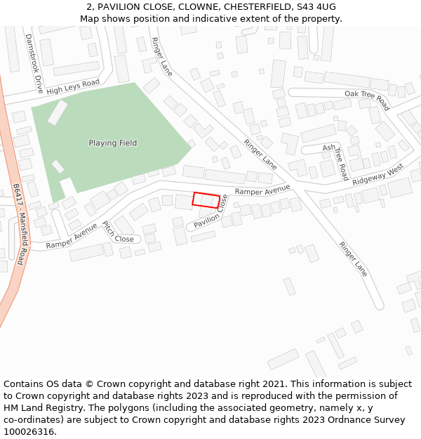 2, PAVILION CLOSE, CLOWNE, CHESTERFIELD, S43 4UG: Location map and indicative extent of plot