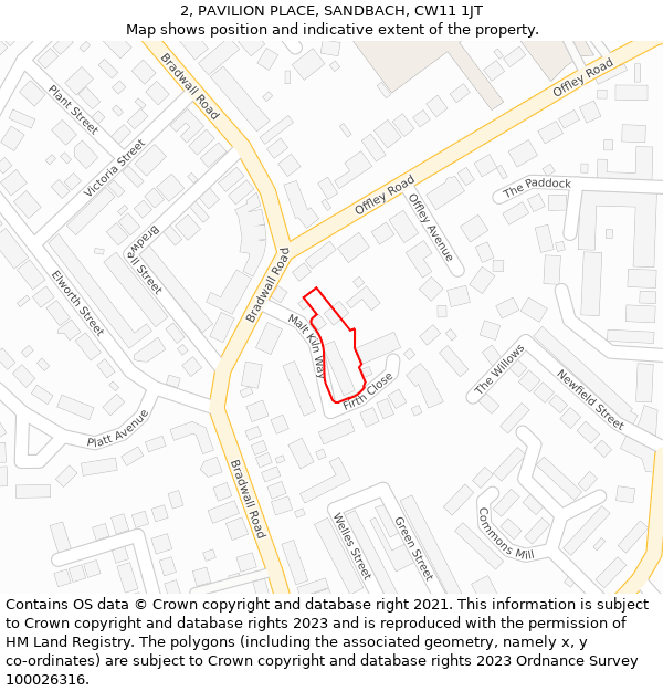 2, PAVILION PLACE, SANDBACH, CW11 1JT: Location map and indicative extent of plot