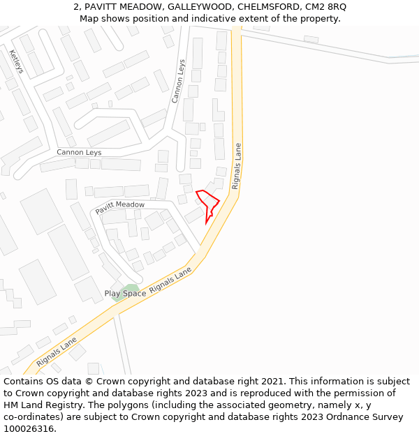 2, PAVITT MEADOW, GALLEYWOOD, CHELMSFORD, CM2 8RQ: Location map and indicative extent of plot