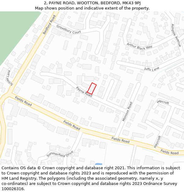 2, PAYNE ROAD, WOOTTON, BEDFORD, MK43 9PJ: Location map and indicative extent of plot