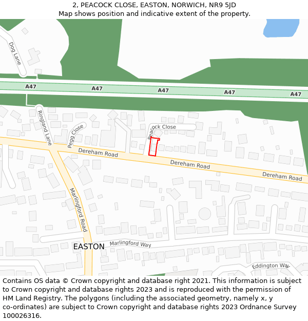 2, PEACOCK CLOSE, EASTON, NORWICH, NR9 5JD: Location map and indicative extent of plot