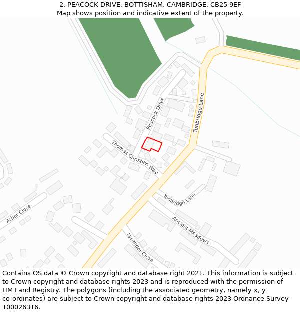 2, PEACOCK DRIVE, BOTTISHAM, CAMBRIDGE, CB25 9EF: Location map and indicative extent of plot