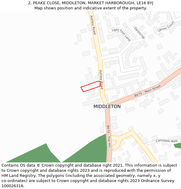 2, PEAKE CLOSE, MIDDLETON, MARKET HARBOROUGH, LE16 8YJ: Location map and indicative extent of plot