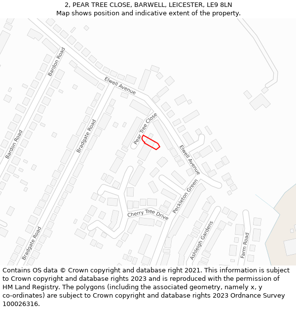 2, PEAR TREE CLOSE, BARWELL, LEICESTER, LE9 8LN: Location map and indicative extent of plot