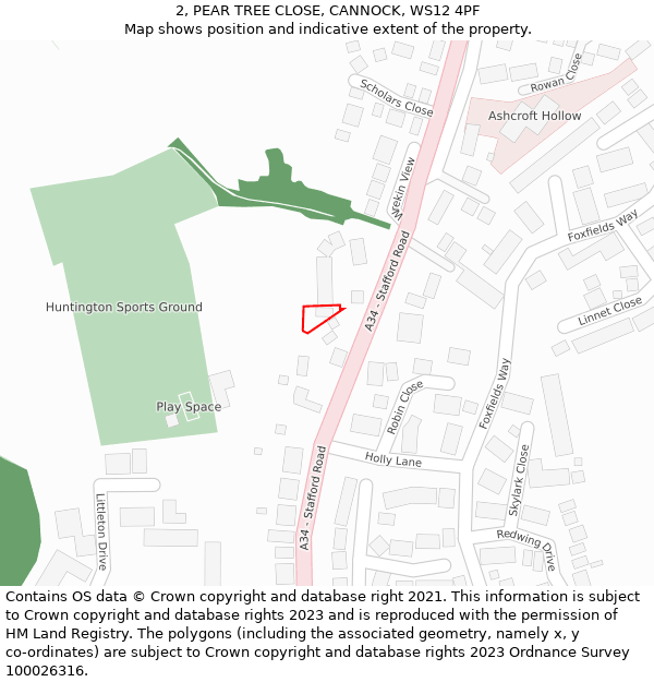 2, PEAR TREE CLOSE, CANNOCK, WS12 4PF: Location map and indicative extent of plot
