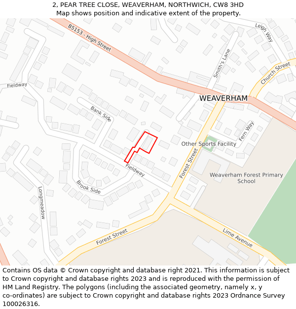 2, PEAR TREE CLOSE, WEAVERHAM, NORTHWICH, CW8 3HD: Location map and indicative extent of plot