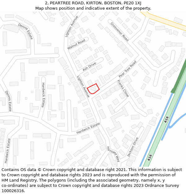 2, PEARTREE ROAD, KIRTON, BOSTON, PE20 1XJ: Location map and indicative extent of plot