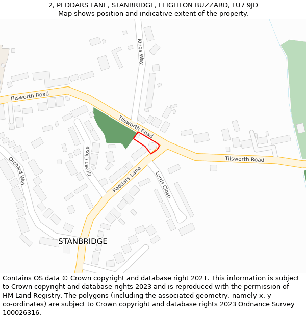 2, PEDDARS LANE, STANBRIDGE, LEIGHTON BUZZARD, LU7 9JD: Location map and indicative extent of plot